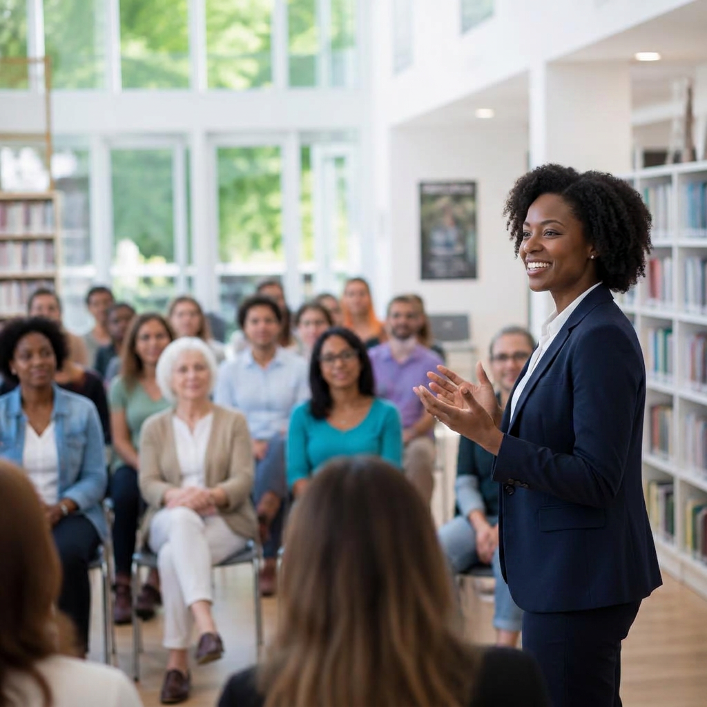Black woman presenting an estate planning workshop in a bright local library